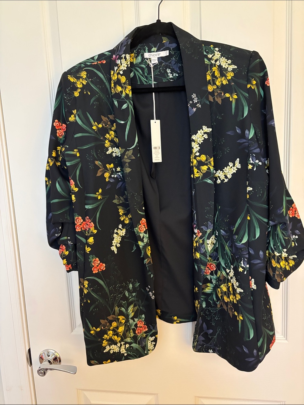 Chico's Black Floral Open Blazer with Yellow & Green Accents